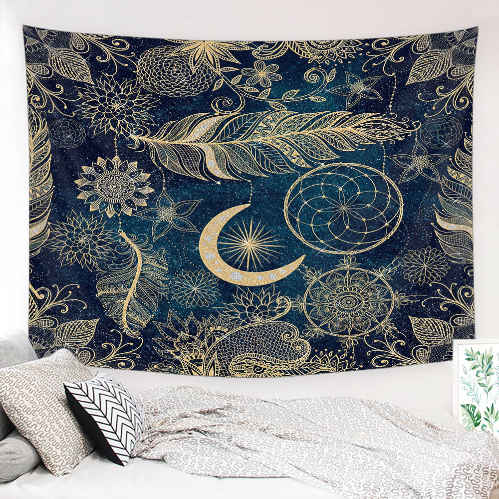 A beautiful blue mystic tapestry featuring moon and star designs, perfect for wall hanging or home decor.