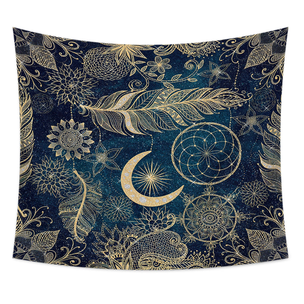 A beautiful blue mystic tapestry featuring moon and star designs, perfect for wall hanging or home decor.