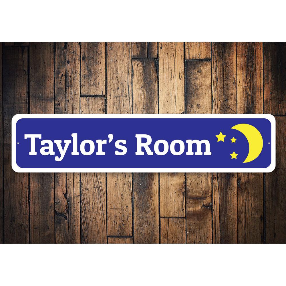 Moon and Stars Sign featuring a whimsical design perfect for children's rooms, made from durable aluminum with a customizable text option.