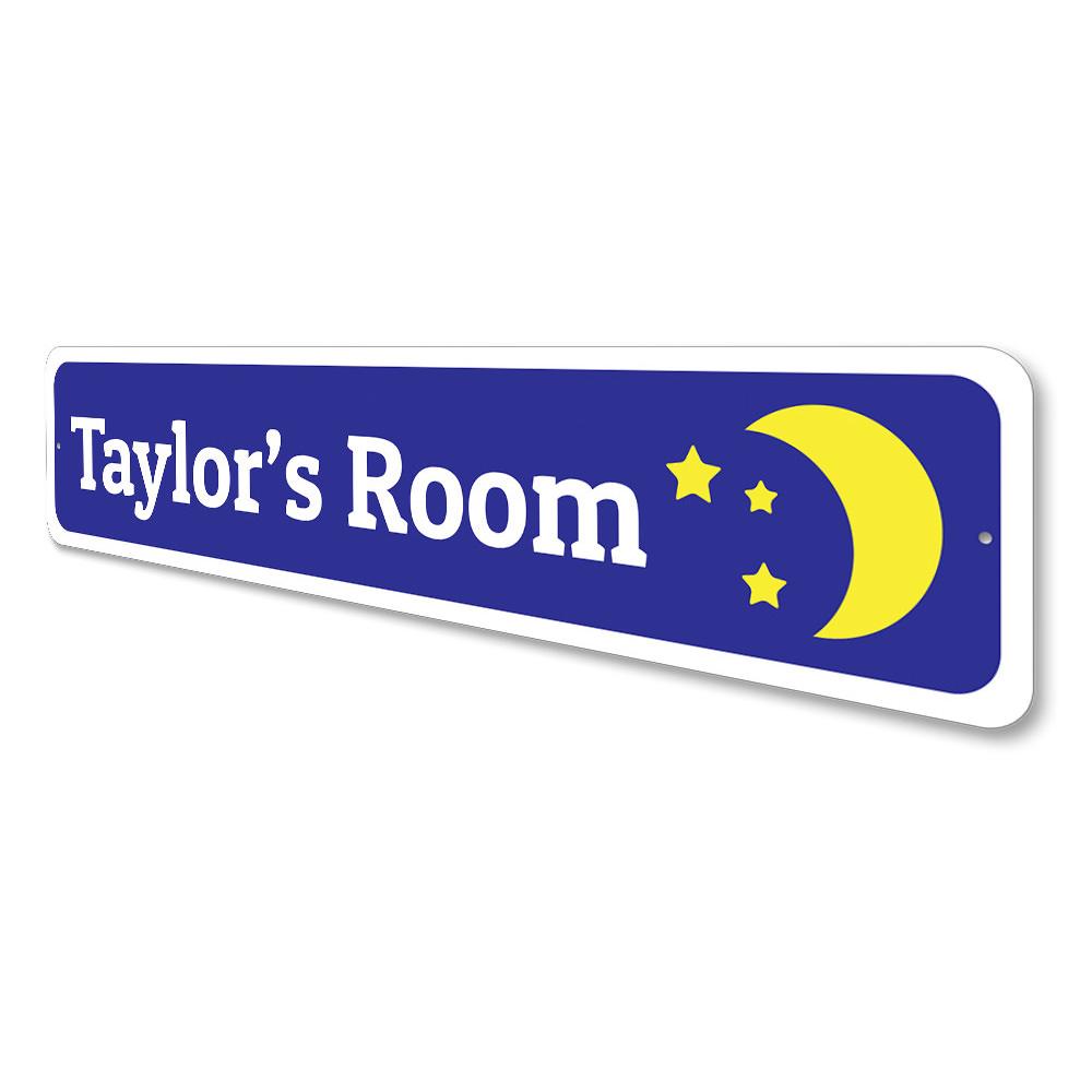 Moon and Stars Sign featuring a whimsical design perfect for children's rooms, made from durable aluminum with a customizable text option.