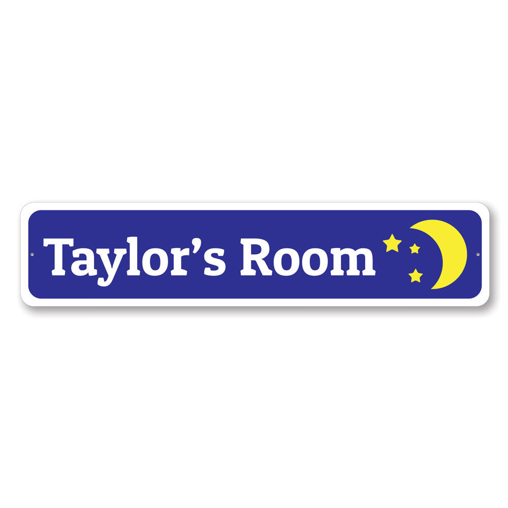 Moon and Stars Sign featuring a whimsical design perfect for children's rooms, made from durable aluminum with a customizable text option.