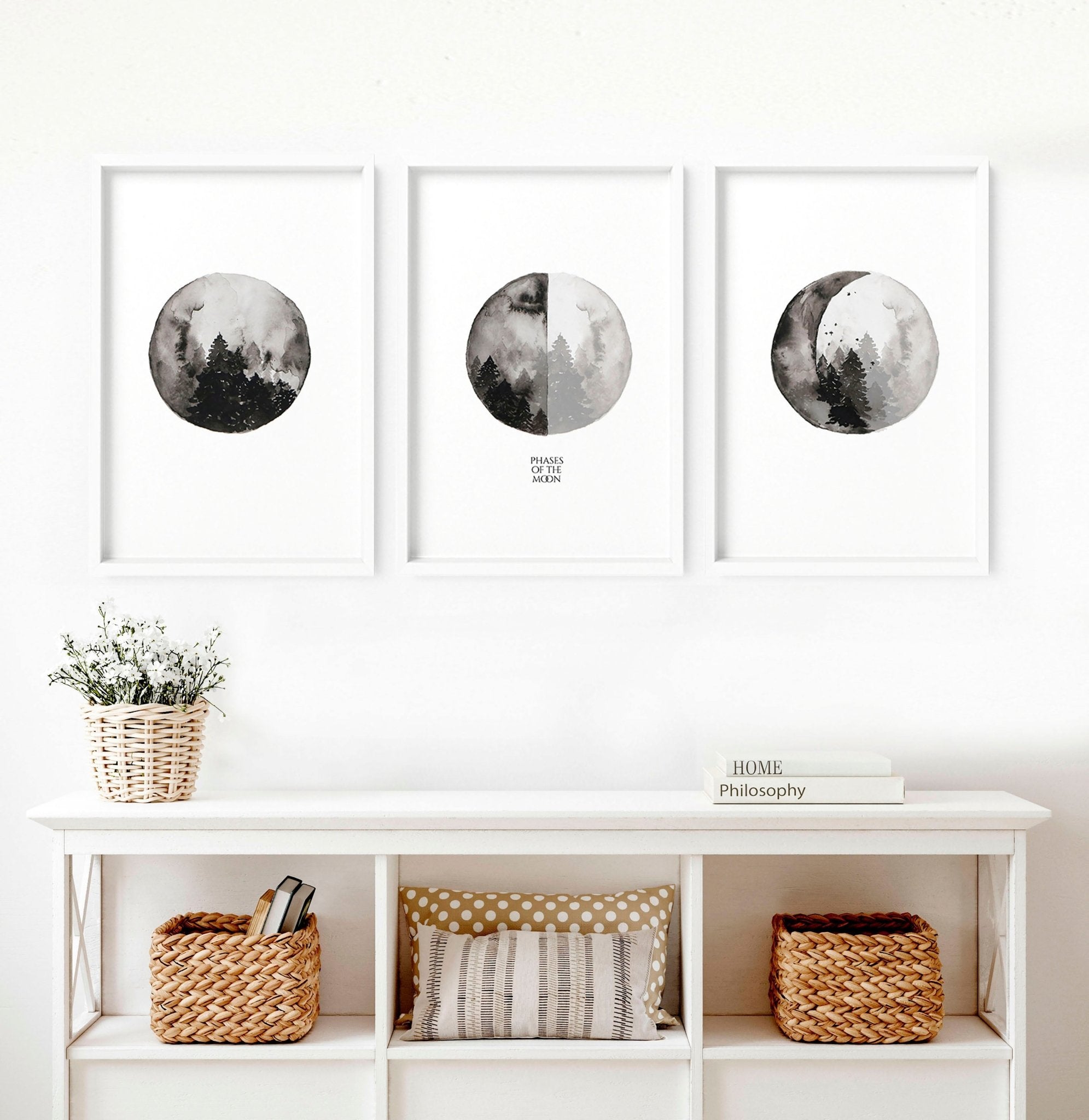 Set of 3 framed wall art prints depicting the phases of the moon in a monochromatic design, perfect for enhancing living room decor.