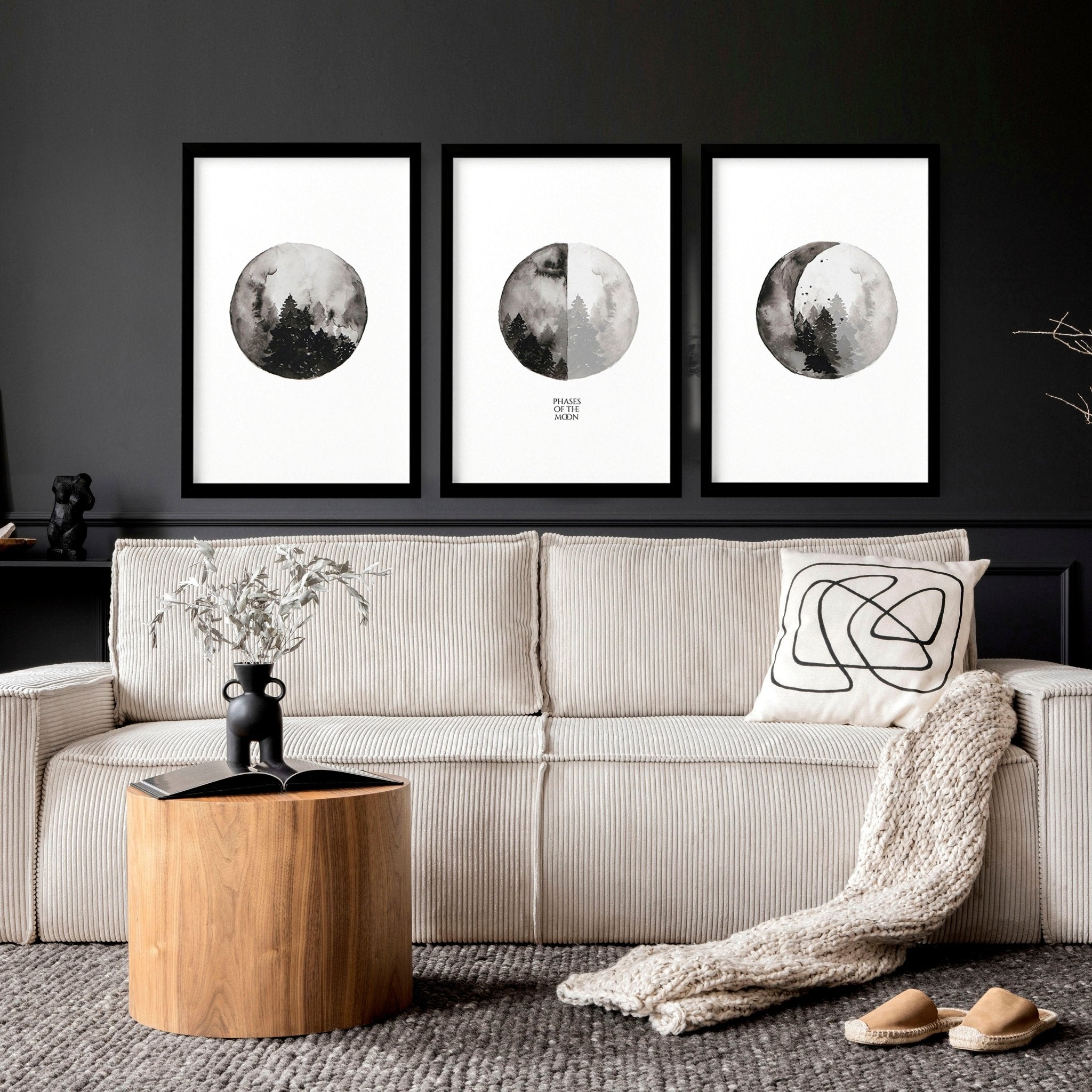 Set of 3 framed wall art prints depicting the phases of the moon in a monochromatic design, perfect for enhancing living room decor.