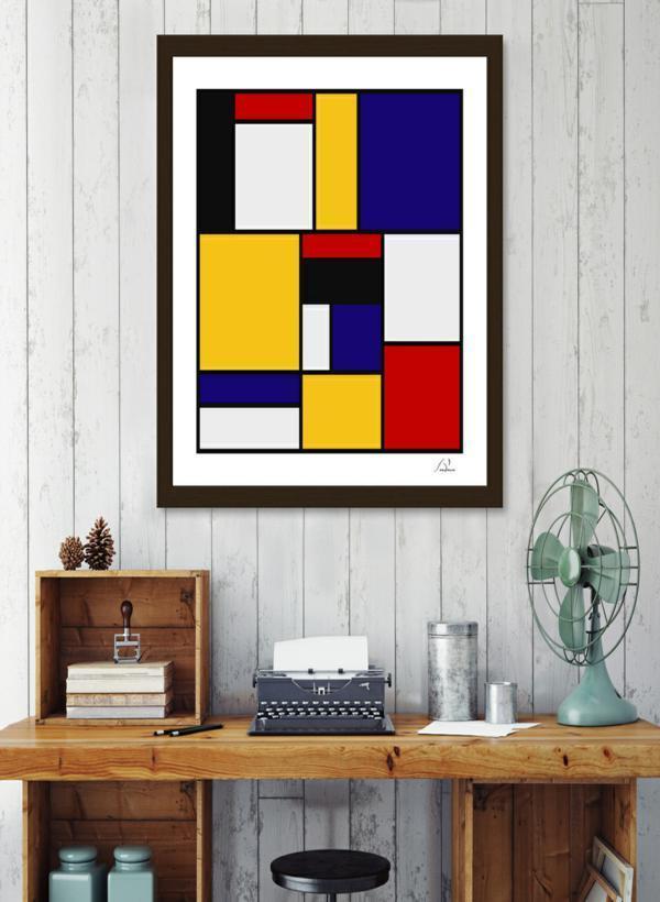 A stylish Mondrian De Stijl Art Movement Frame made of solid wood with a contemporary angular profile, showcasing vibrant artwork behind shatterproof acrylic.