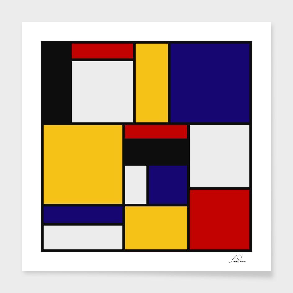 A stylish Mondrian De Stijl Art Movement Frame made of solid wood with a contemporary angular profile, showcasing vibrant artwork behind shatterproof acrylic.