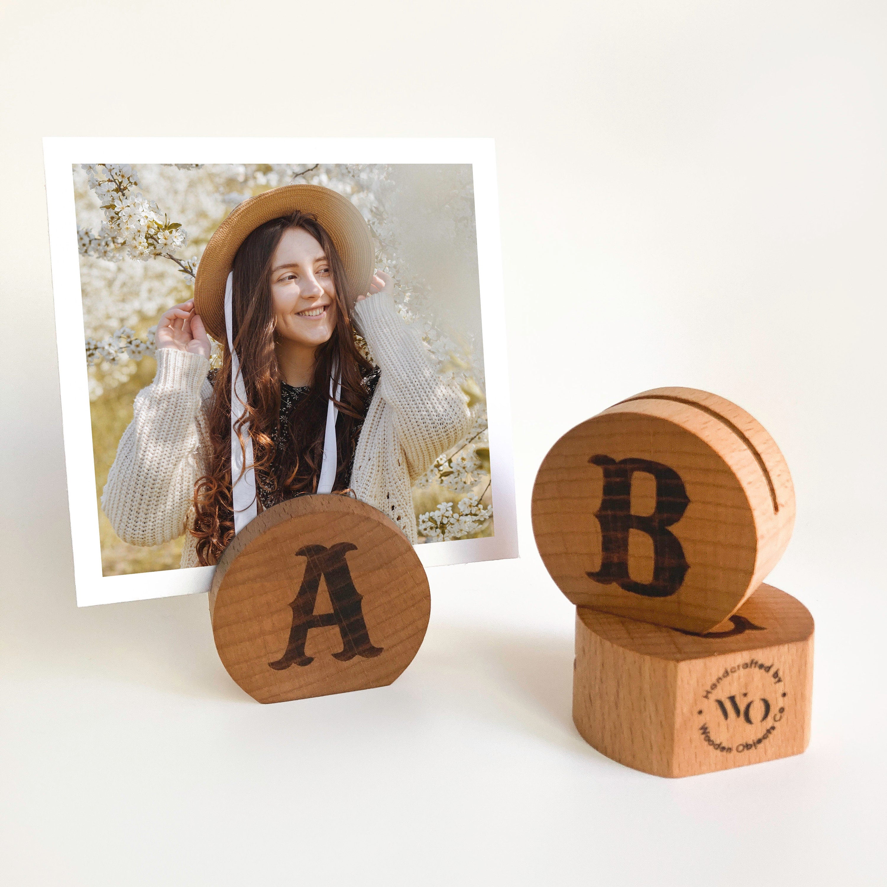 Handcrafted Monogram Moon Photo Holder made from eco-friendly wood, showcasing a small photo in a stylish moon shape.