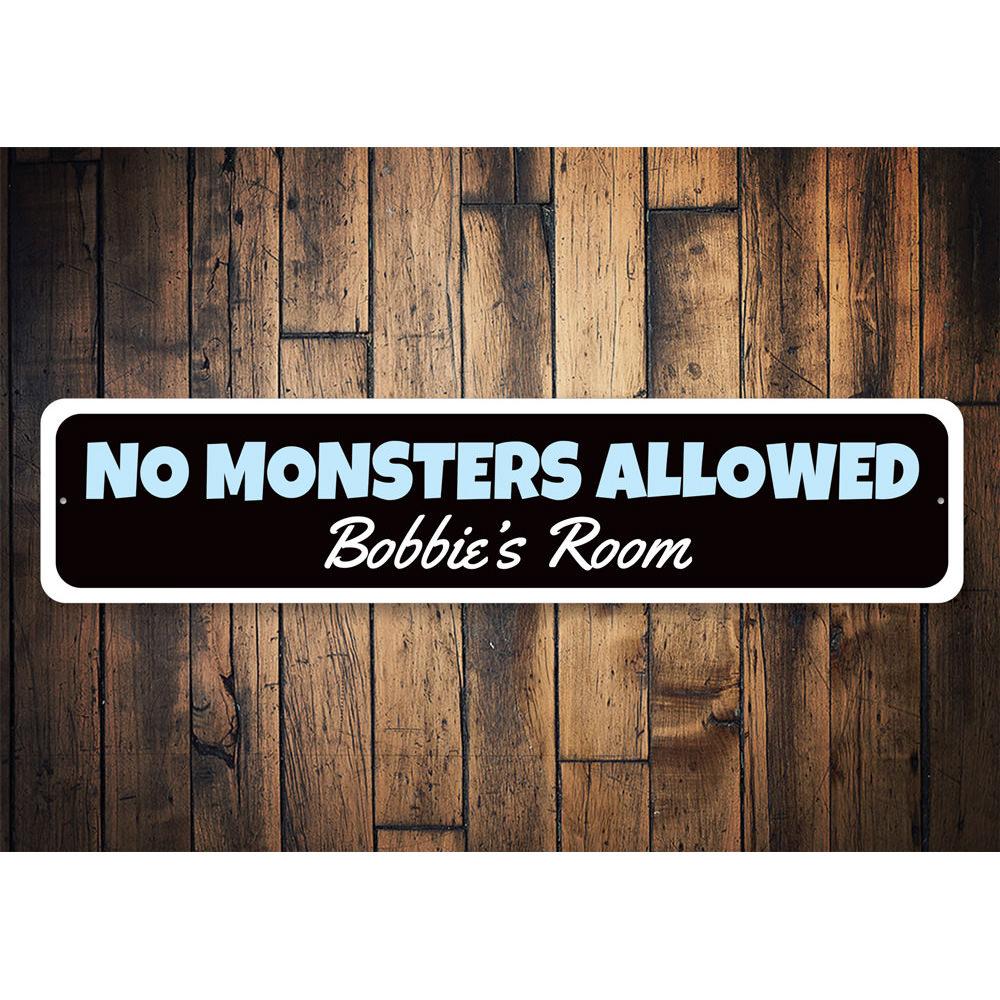 A colorful Monster Sign made of high-quality aluminum, featuring customizable text, perfect for kids' rooms and unique gifts.