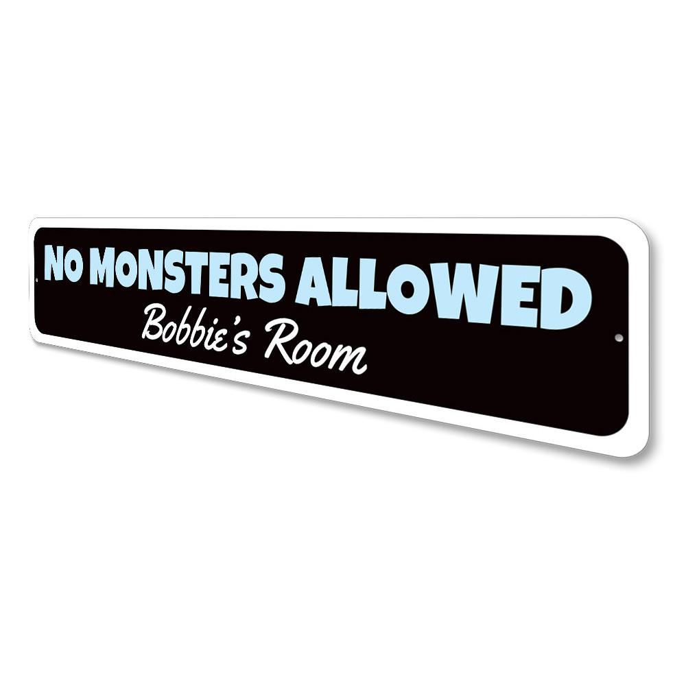 A colorful Monster Sign made of high-quality aluminum, featuring customizable text, perfect for kids' rooms and unique gifts.