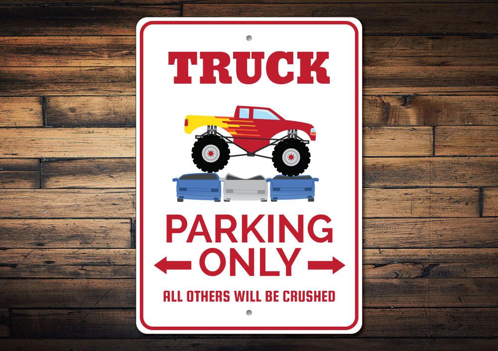 A colorful Monster Truck Parking Sign made of durable aluminum, featuring a bold design that clearly indicates reserved parking for monster trucks.