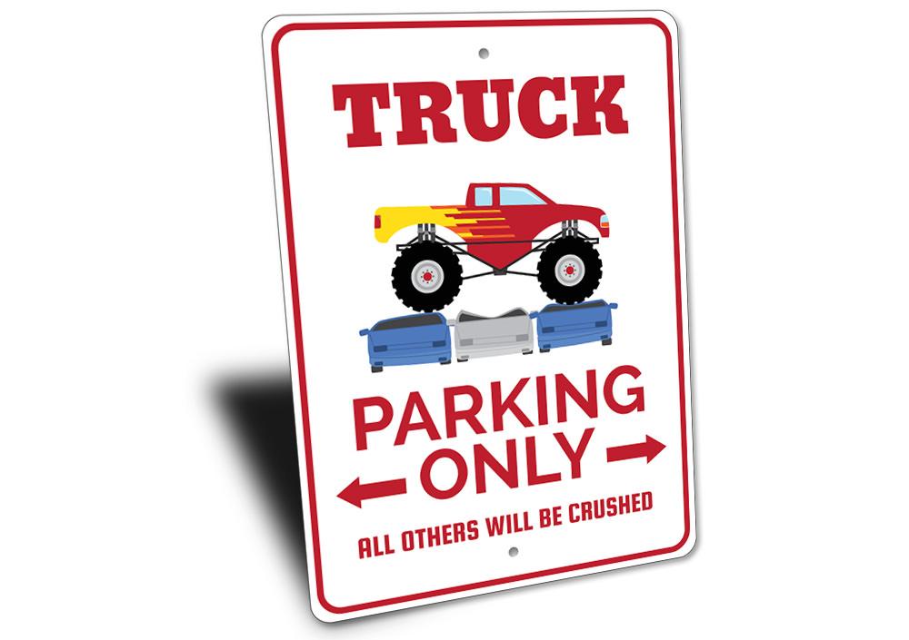 A colorful Monster Truck Parking Sign made of durable aluminum, featuring a bold design that clearly indicates reserved parking for monster trucks.