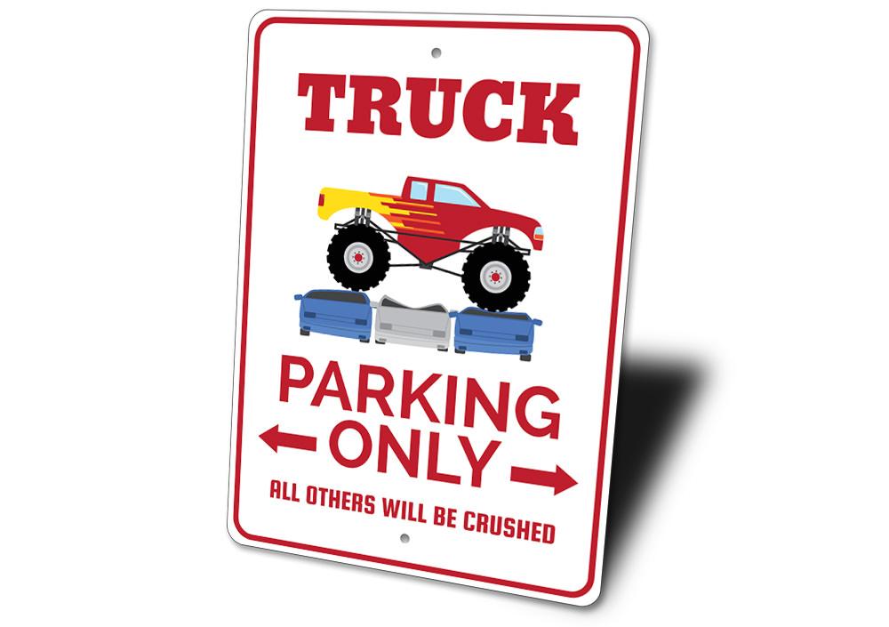 A colorful Monster Truck Parking Sign made of durable aluminum, featuring a bold design that clearly indicates reserved parking for monster trucks.