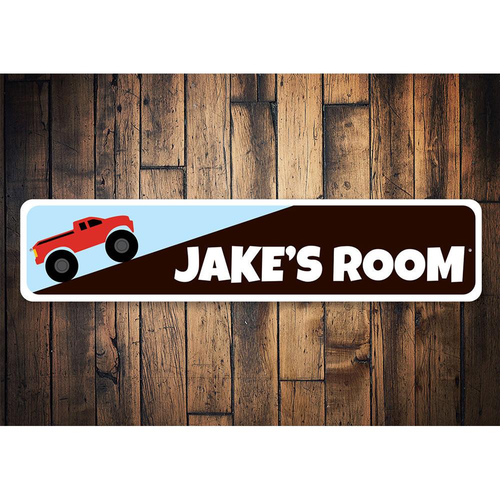 Colorful Monster Truck Sign designed for children's rooms, featuring vibrant graphics and customizable text options.