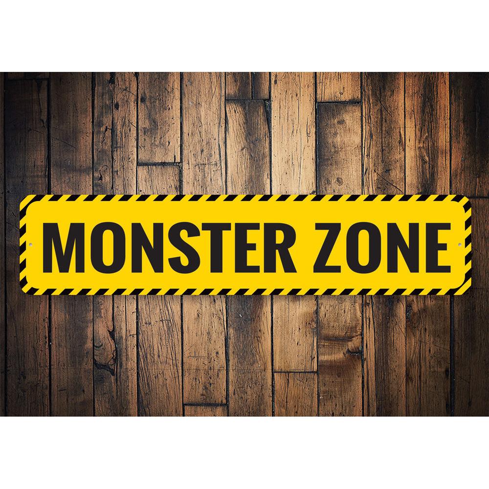 A spooky Monster Zone Sign made of high-quality aluminum, featuring eerie graphics perfect for Halloween decorations.