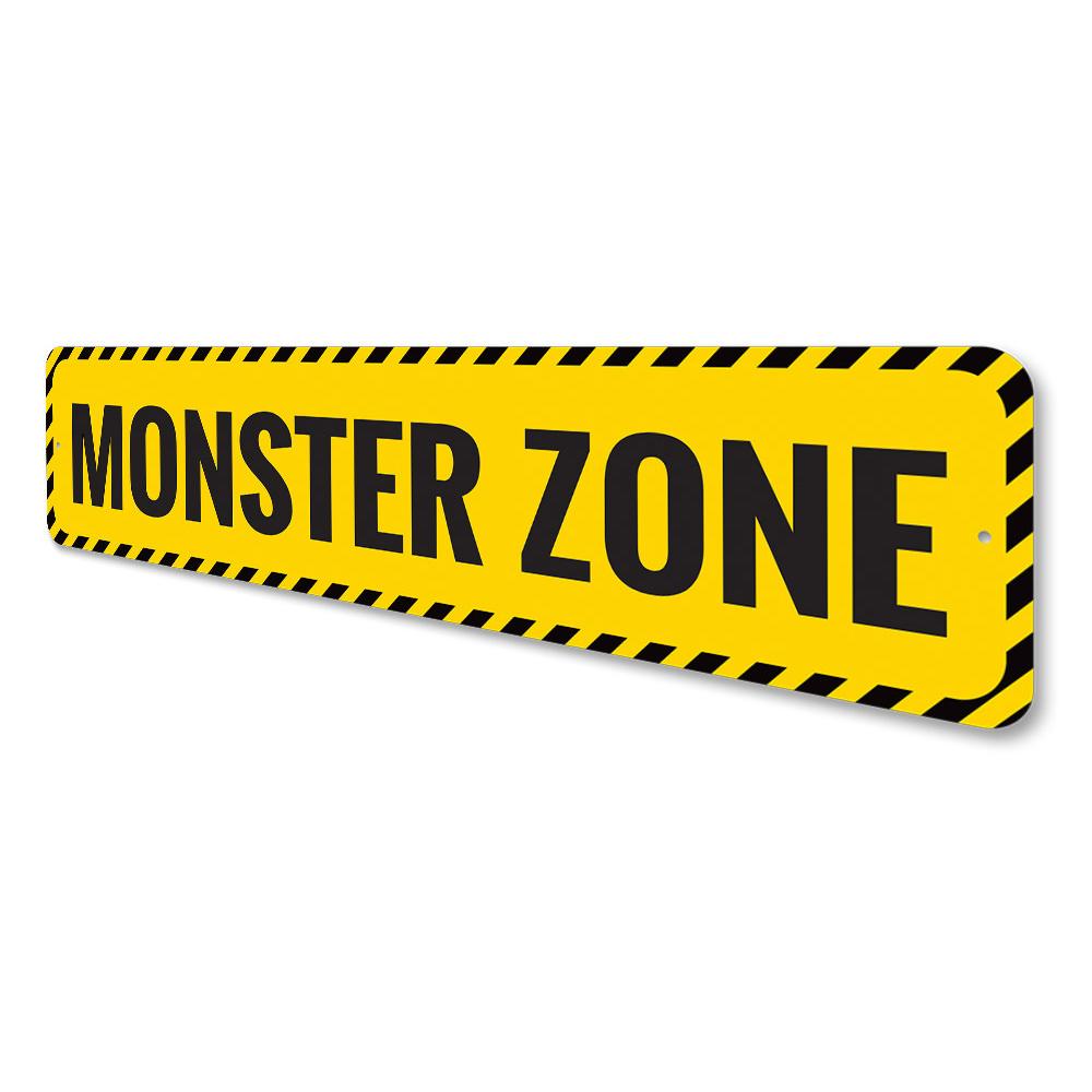 A spooky Monster Zone Sign made of high-quality aluminum, featuring eerie graphics perfect for Halloween decorations.