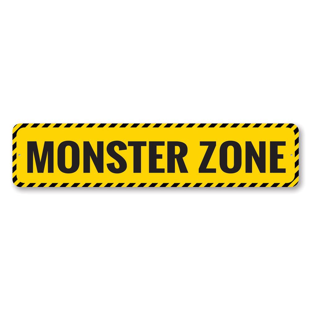 A spooky Monster Zone Sign made of high-quality aluminum, featuring eerie graphics perfect for Halloween decorations.