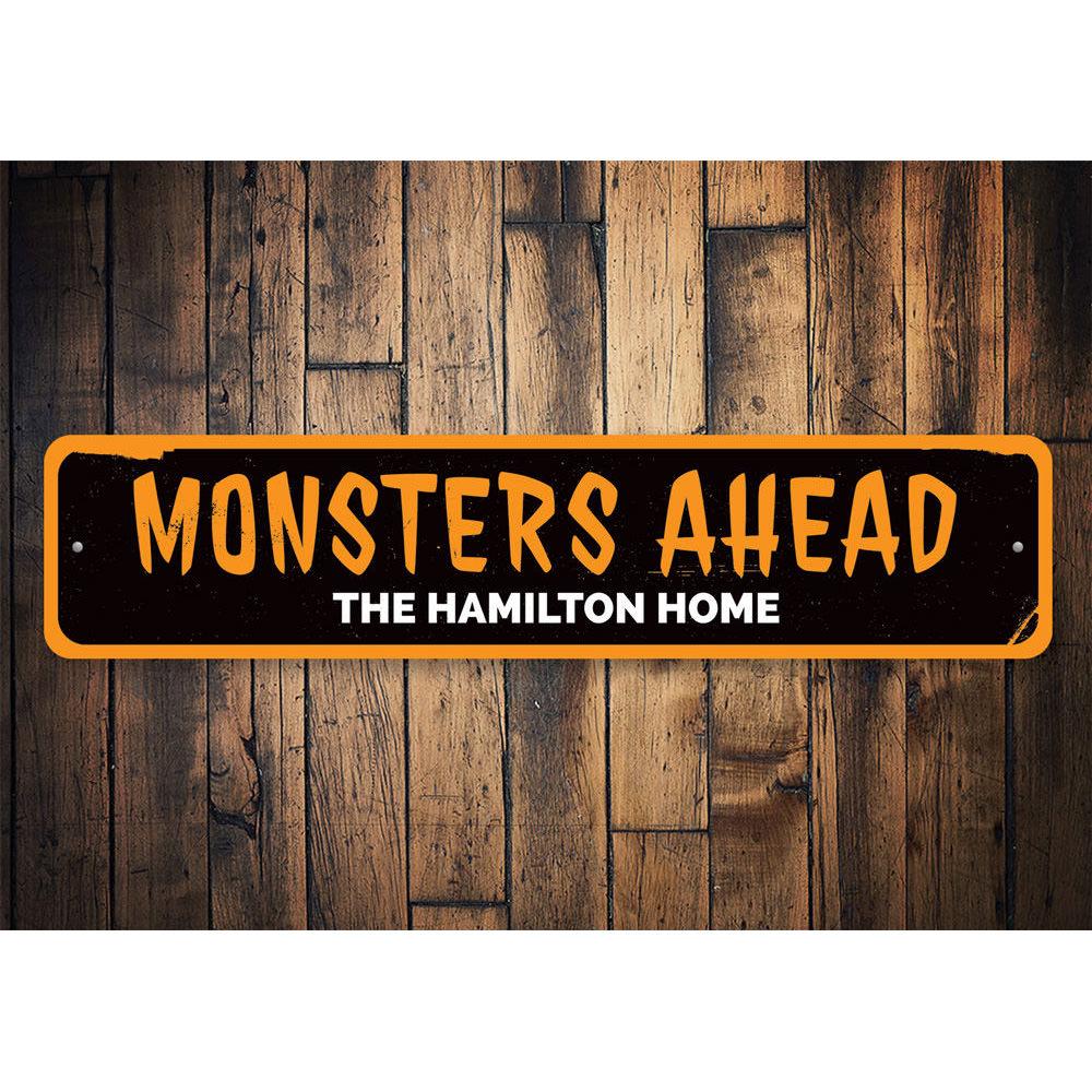 A spooky Monsters Ahead Sign made of aluminum, featuring eerie graphics perfect for Halloween decorations.