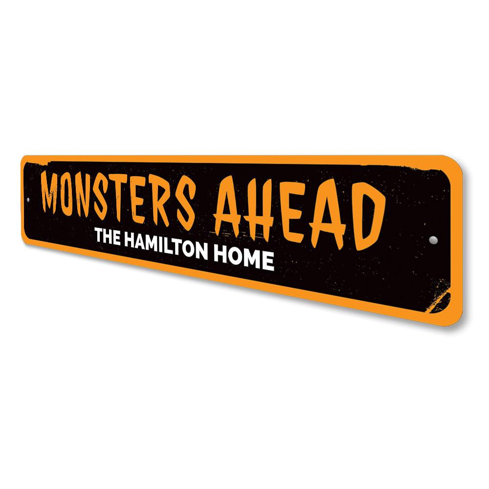 A spooky Monsters Ahead Sign made of aluminum, featuring eerie graphics perfect for Halloween decorations.