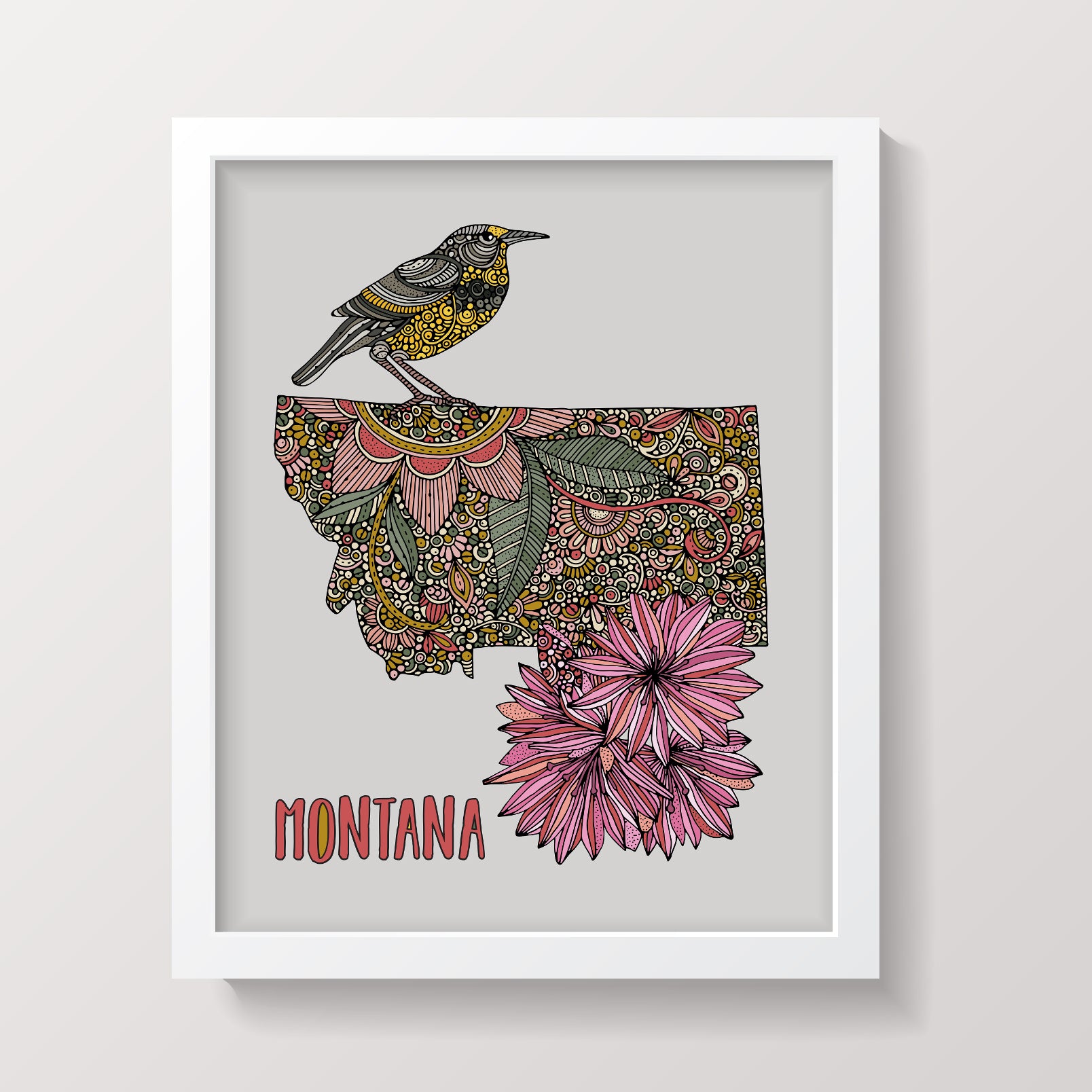 Montana State Map art print featuring the Western meadowlark and Bitterroot flower, showcasing vibrant colors and intricate details.