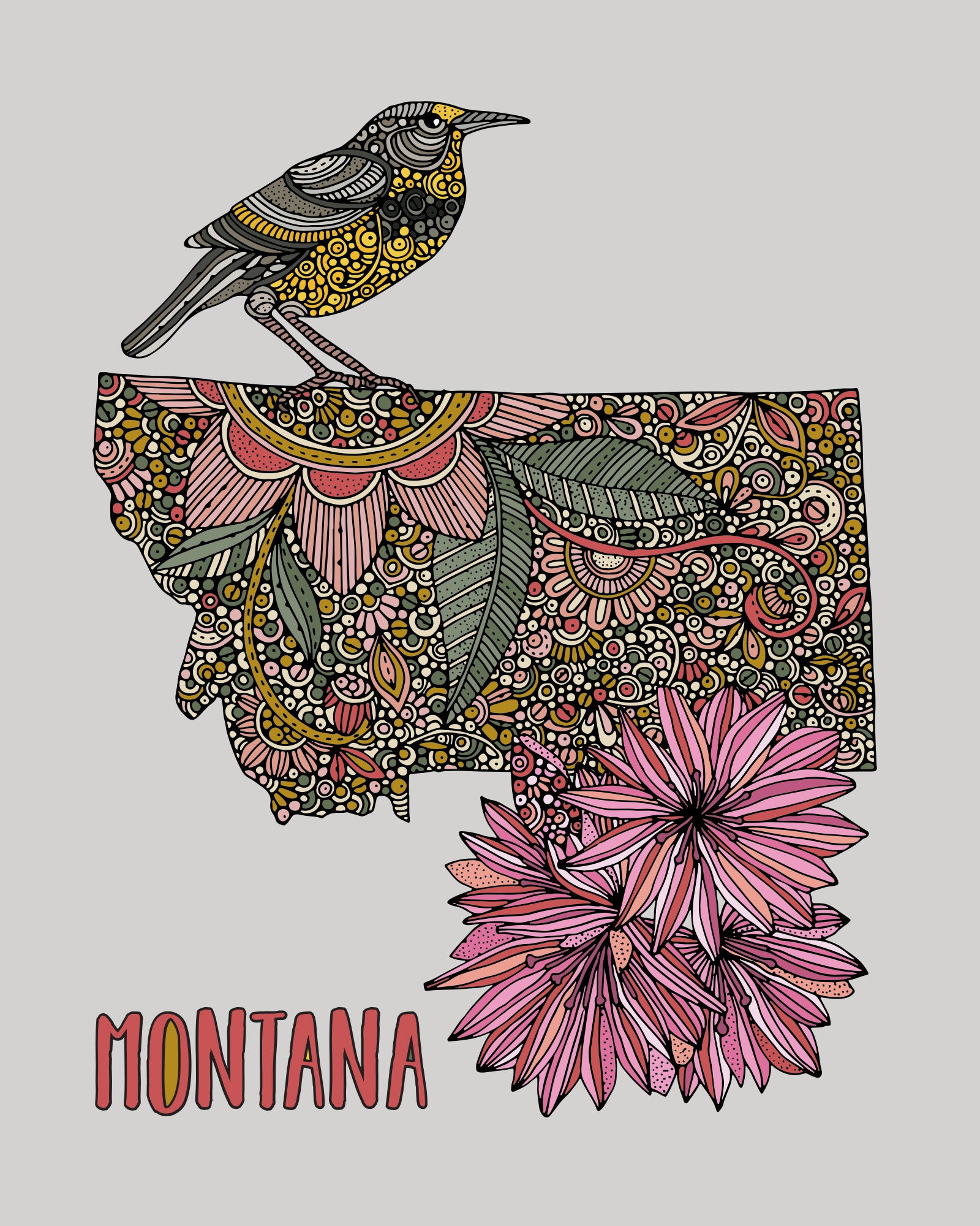 Montana State Map art print featuring the Western meadowlark and Bitterroot flower, showcasing vibrant colors and intricate details.