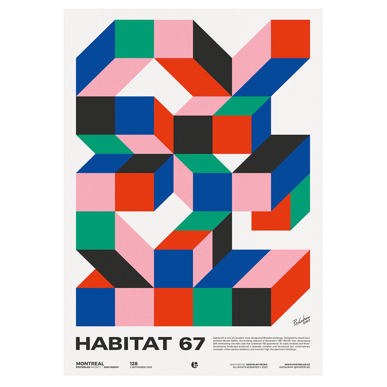 Museum-quality poster of Habitat 67, showcasing its unique architectural design and vibrant colors.