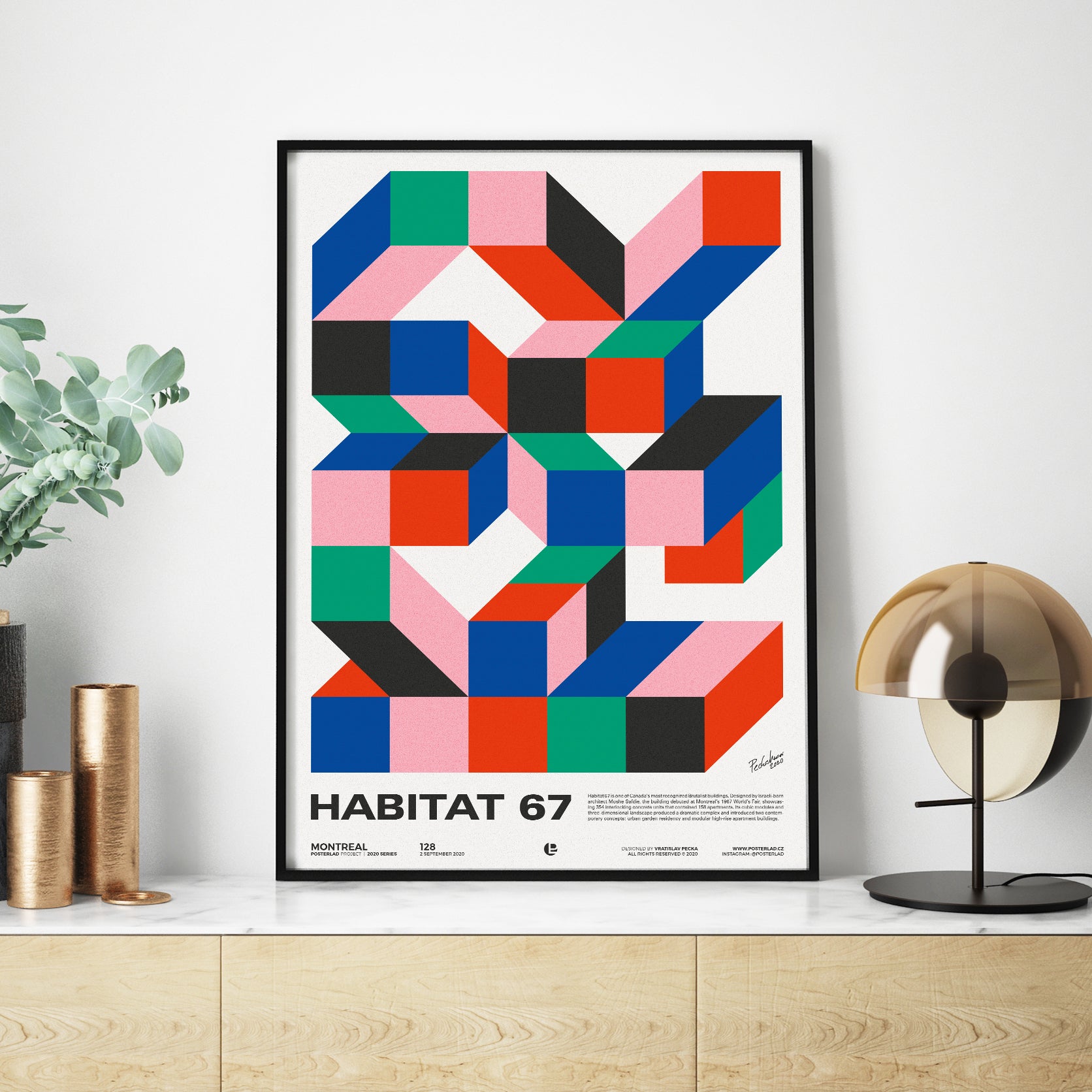 Museum-quality poster of Habitat 67, showcasing its unique architectural design and vibrant colors.