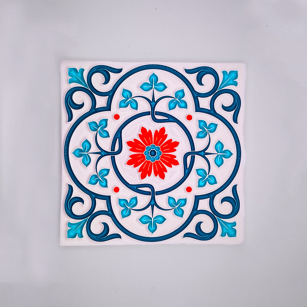 A collection of hand-made and hand-painted Moroccan ceramic tiles featuring vibrant colors and intricate patterns.