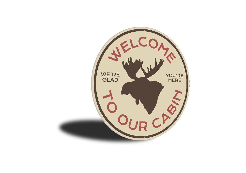 Moose Cabin Welcome Sign made of high-quality aluminum, featuring a rustic design perfect for lakehouse decor.