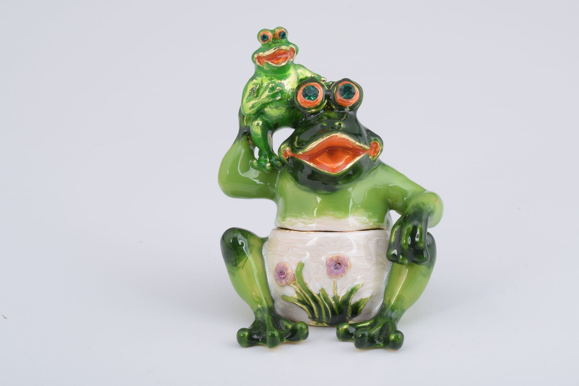 Handmade Mother Frog and Baby Frog enamel-painted trinket box with Austrian crystals and 925 silver plating.