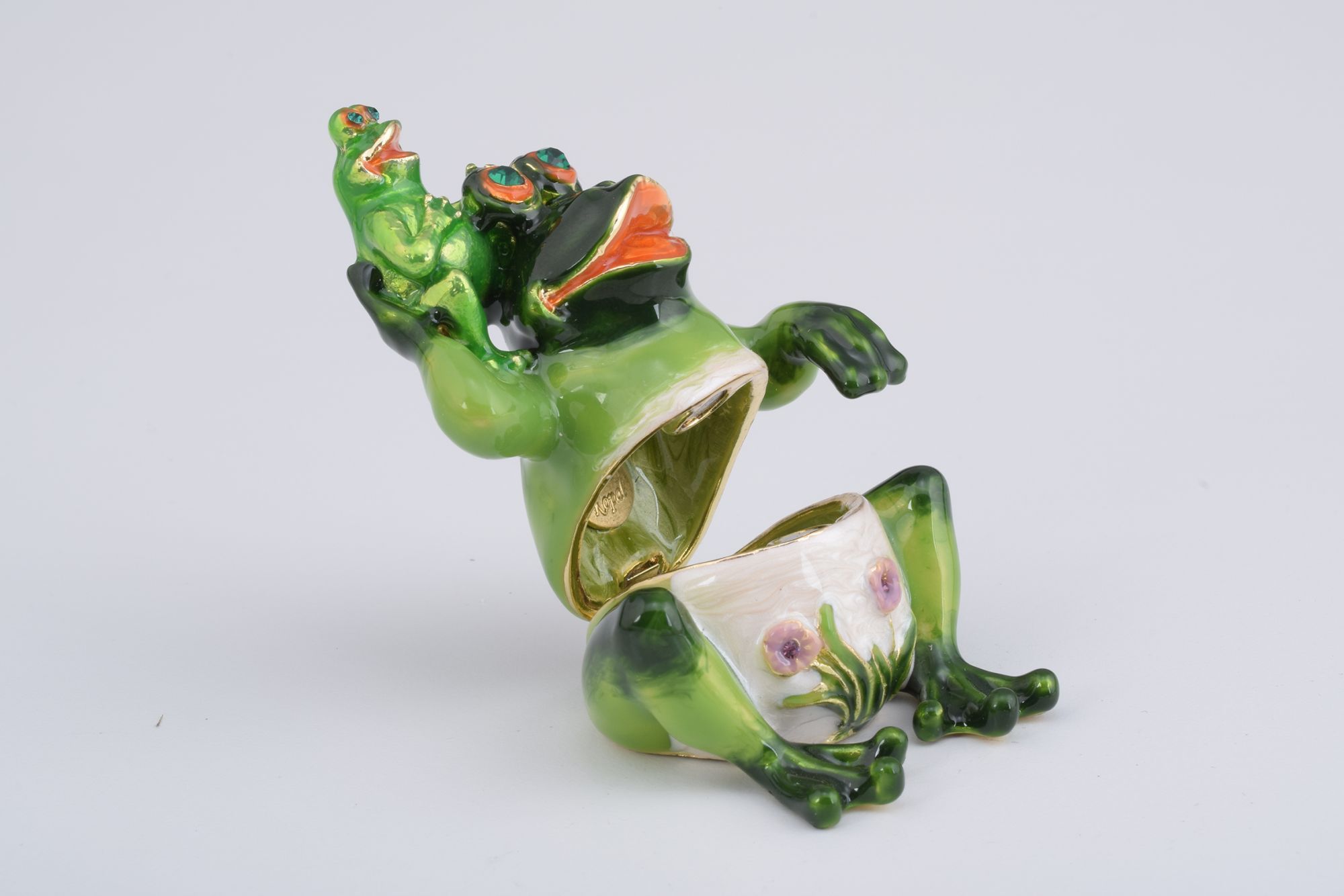 Handmade Mother Frog and Baby Frog enamel-painted trinket box with Austrian crystals and 925 silver plating.