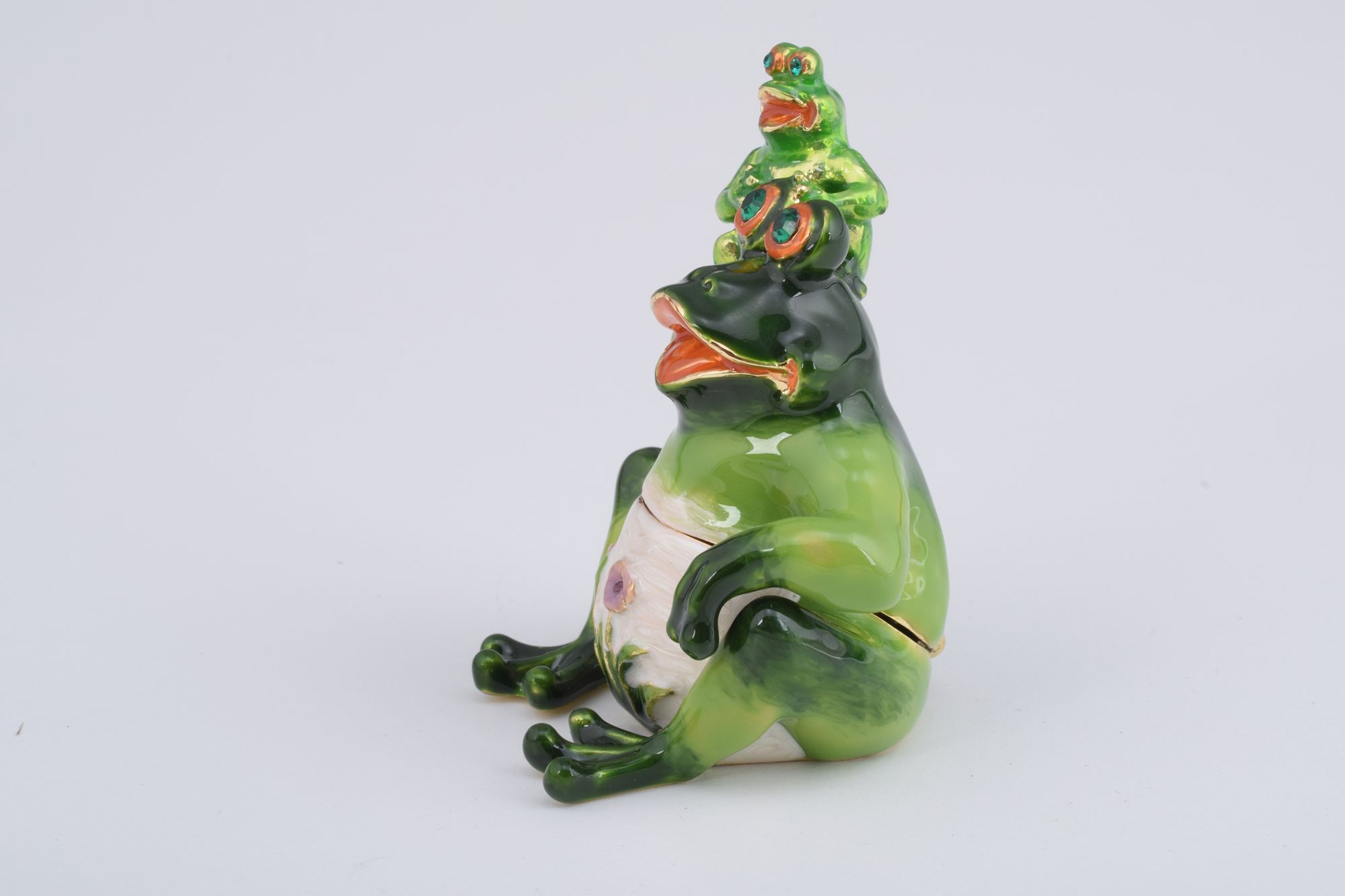 Handmade Mother Frog and Baby Frog enamel-painted trinket box with Austrian crystals and 925 silver plating.