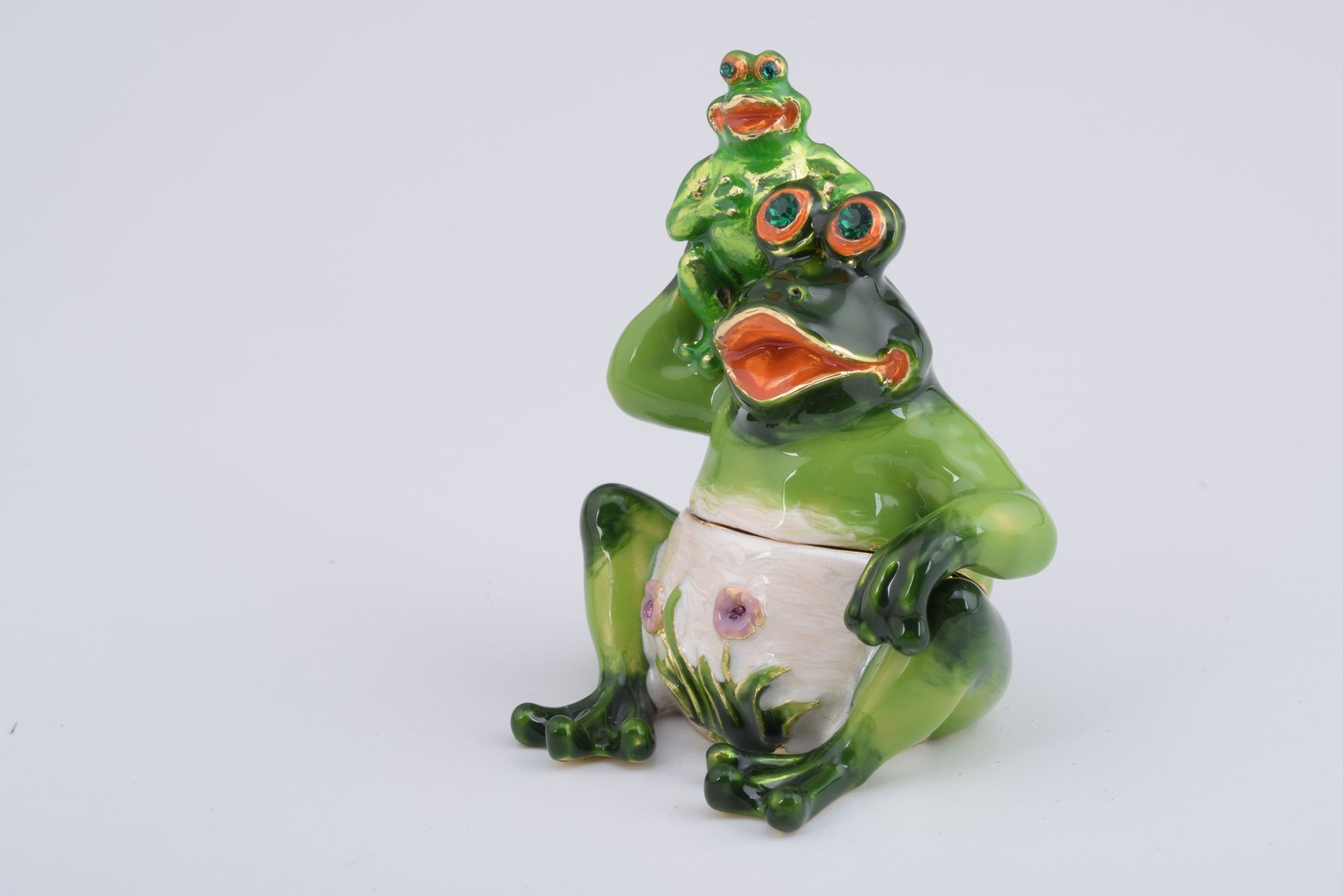 Handmade Mother Frog and Baby Frog enamel-painted trinket box with Austrian crystals and 925 silver plating.