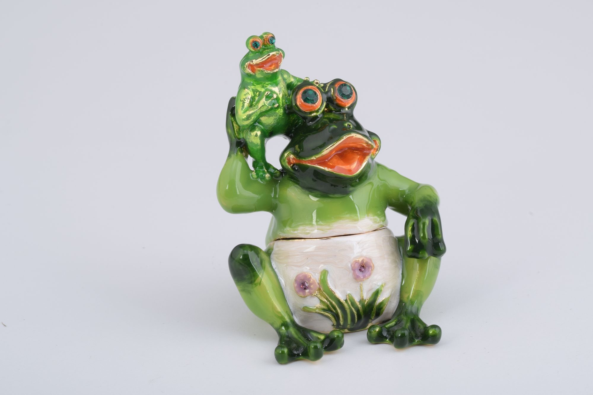 Handmade Mother Frog and Baby Frog enamel-painted trinket box with Austrian crystals and 925 silver plating.