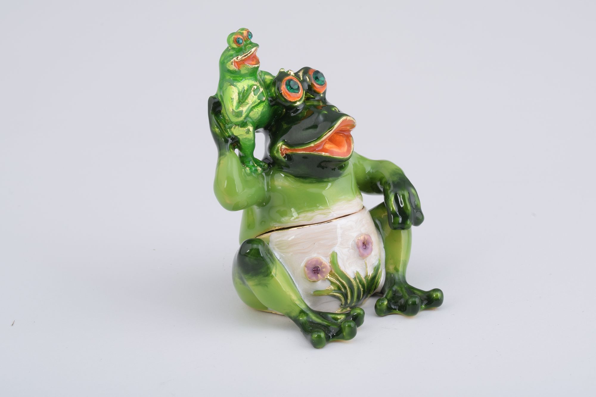 Handmade Mother Frog and Baby Frog enamel-painted trinket box with Austrian crystals and 925 silver plating.