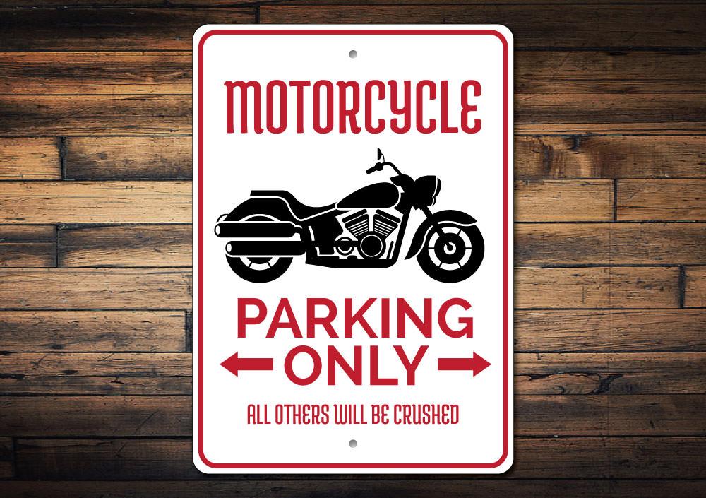 A durable aluminum motorcycle parking sign with customizable text, featuring pre-drilled holes for easy mounting.