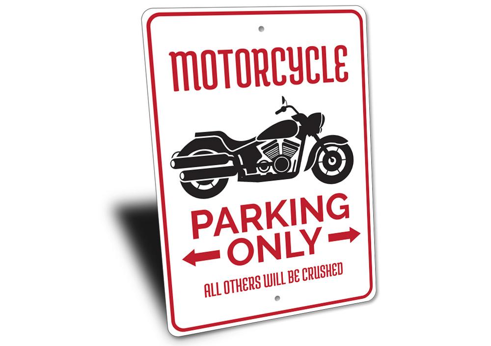 A durable aluminum motorcycle parking sign with customizable text, featuring pre-drilled holes for easy mounting.