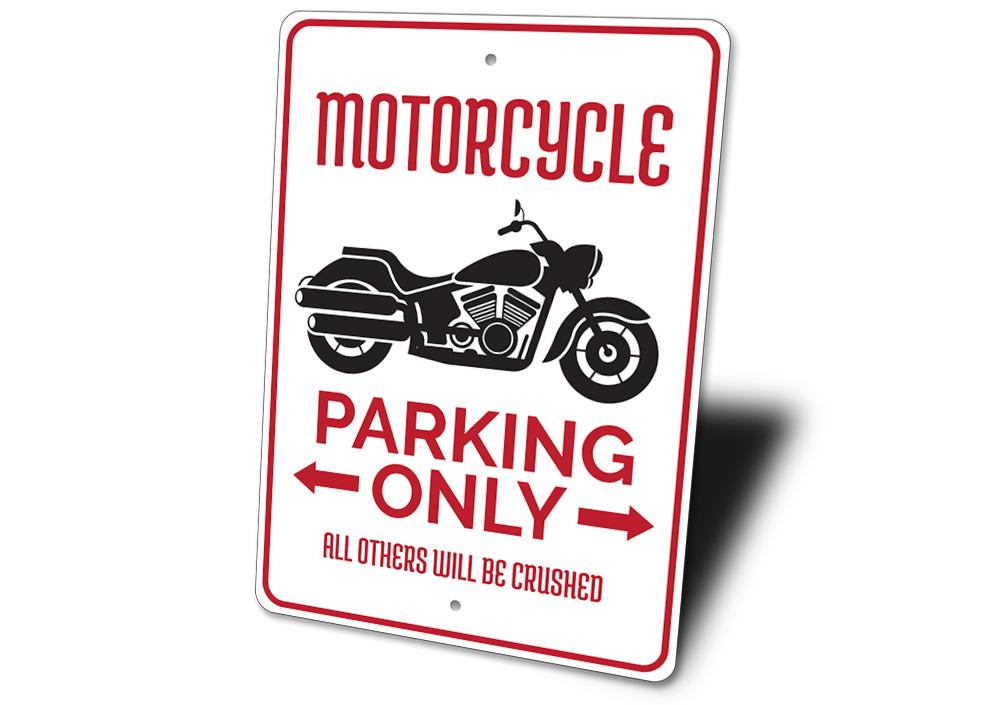 A durable aluminum motorcycle parking sign with customizable text, featuring pre-drilled holes for easy mounting.