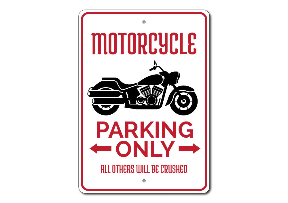 A durable aluminum motorcycle parking sign with customizable text, featuring pre-drilled holes for easy mounting.