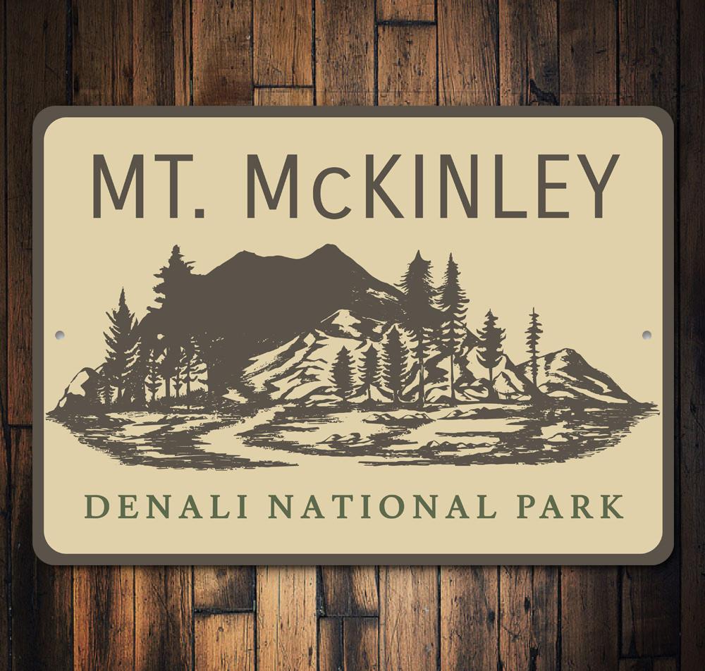 Mount McKinley Sign made of durable aluminum, featuring customizable text and pre-drilled holes for easy mounting.