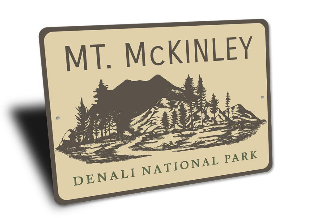 Mount McKinley Sign made of durable aluminum, featuring customizable text and pre-drilled holes for easy mounting.