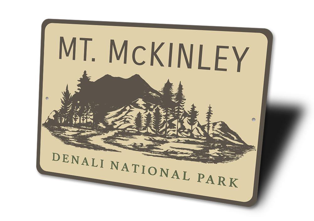 Mount McKinley Sign made of durable aluminum, featuring customizable text and pre-drilled holes for easy mounting.