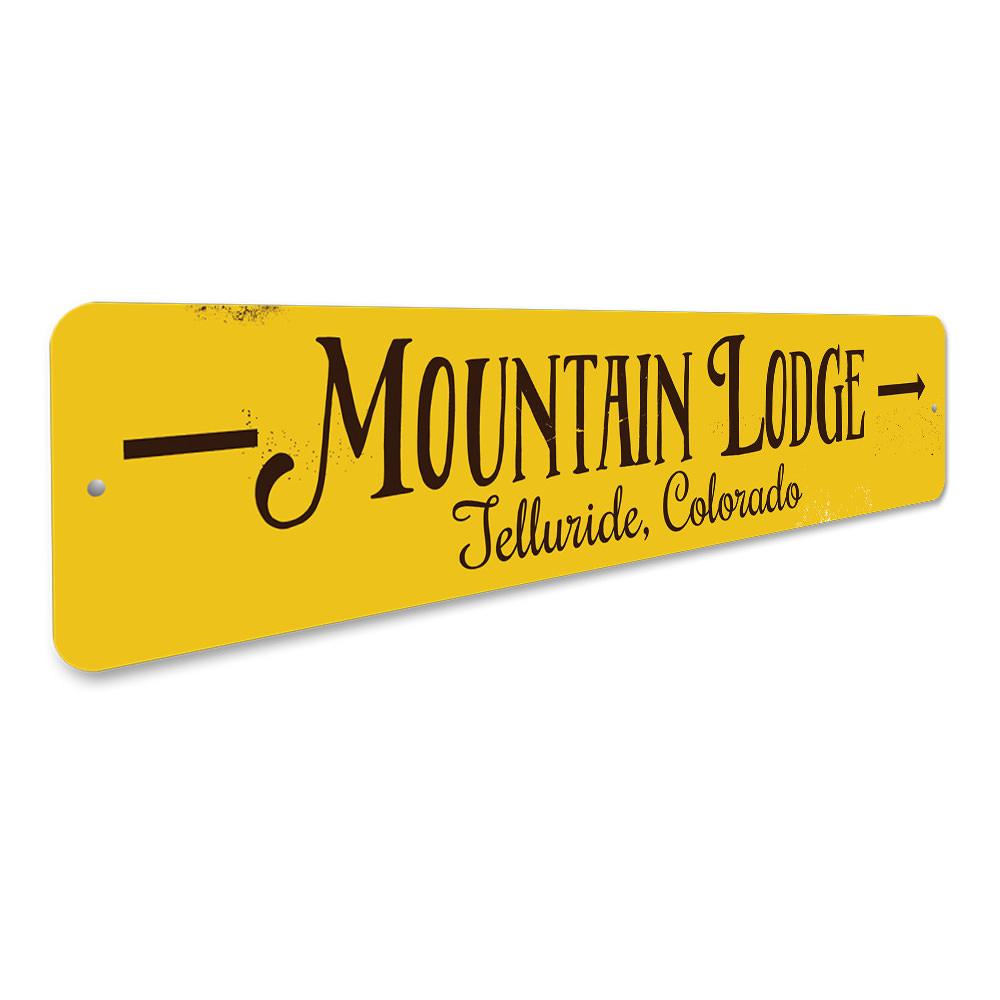 Mountain Lodge Arrow Sign made of high-quality aluminum, featuring customizable text and pre-drilled holes for easy mounting.