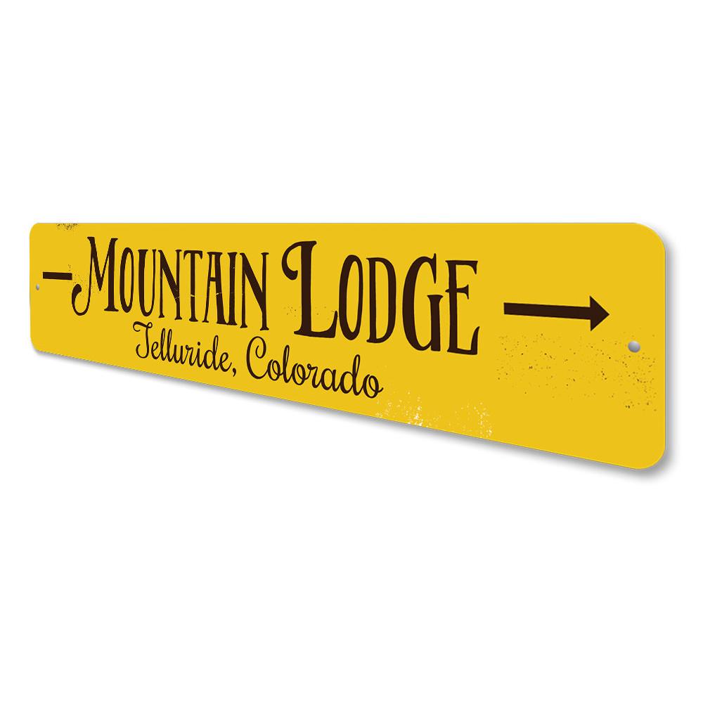 Mountain Lodge Arrow Sign made of high-quality aluminum, featuring customizable text and pre-drilled holes for easy mounting.