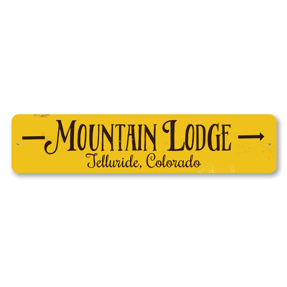 Mountain Lodge Arrow Sign made of high-quality aluminum, featuring customizable text and pre-drilled holes for easy mounting.