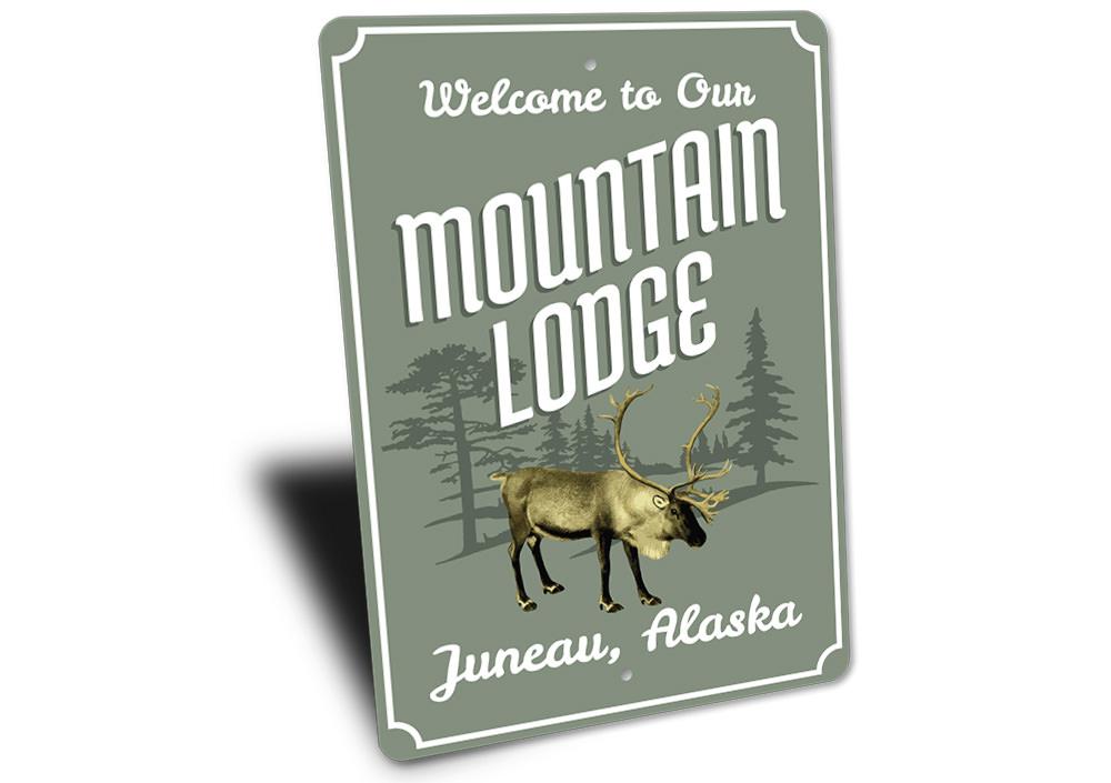 Mountain Lodge Welcome Sign made of high-quality aluminum, featuring customizable text and pre-drilled holes for easy mounting, perfect for lakehouse decor.