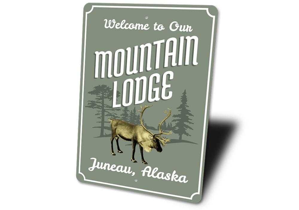 Mountain Lodge Welcome Sign made of high-quality aluminum, featuring customizable text and pre-drilled holes for easy mounting, perfect for lakehouse decor.