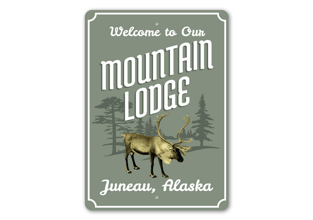 Mountain Lodge Welcome Sign made of high-quality aluminum, featuring customizable text and pre-drilled holes for easy mounting, perfect for lakehouse decor.