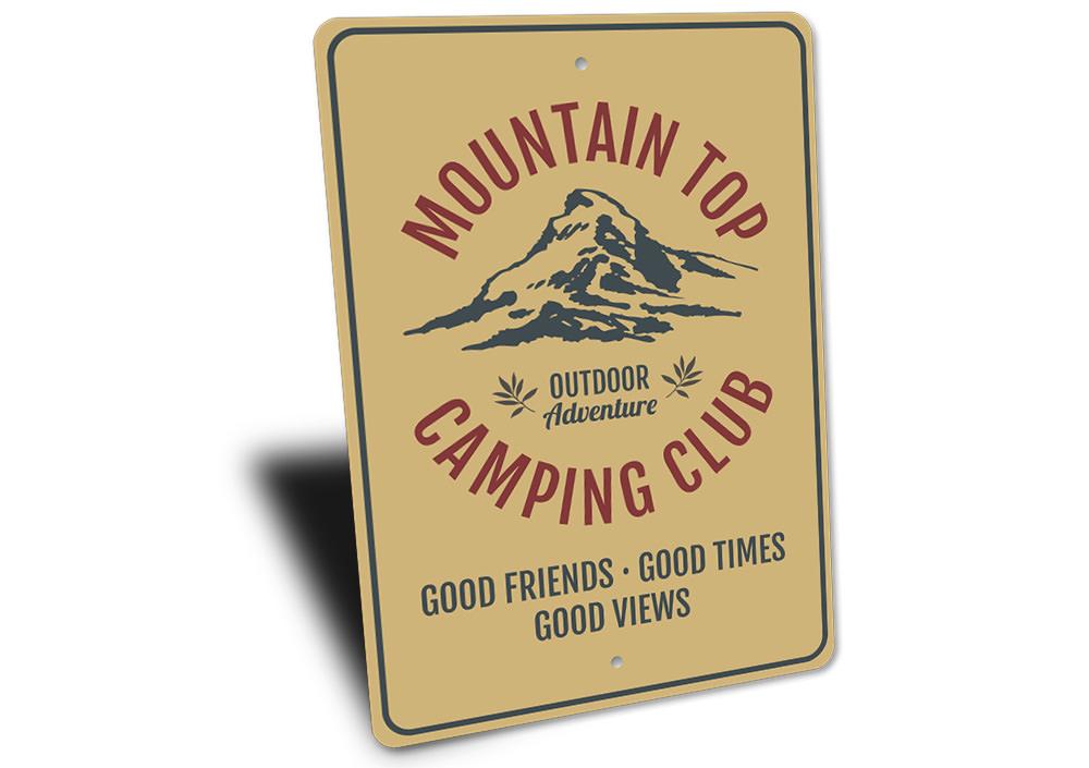 Mountain Top Camping Club Sign made of high-quality aluminum, featuring customizable text and pre-drilled holes for easy mounting.