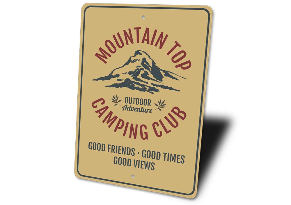 Mountain Top Camping Club Sign made of high-quality aluminum, featuring customizable text and pre-drilled holes for easy mounting.