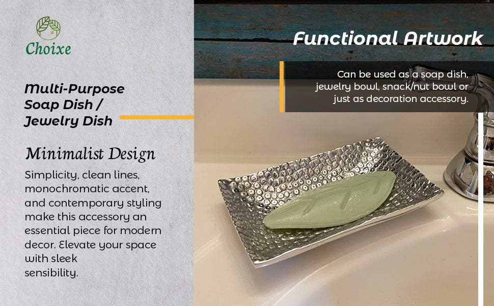 Multi-Purpose Soap Dish and Jewelry Bowl made of recycled aluminum with a chic hand-cast finish, showcasing its artistic design and minimalist style.