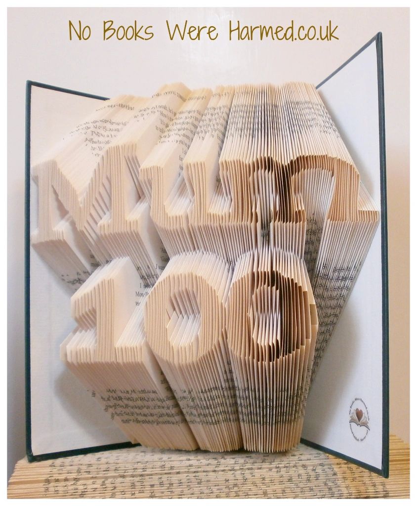 Handcrafted book art piece spelling 'Mum' made from vintage books, showcasing intricate folds and unique design.